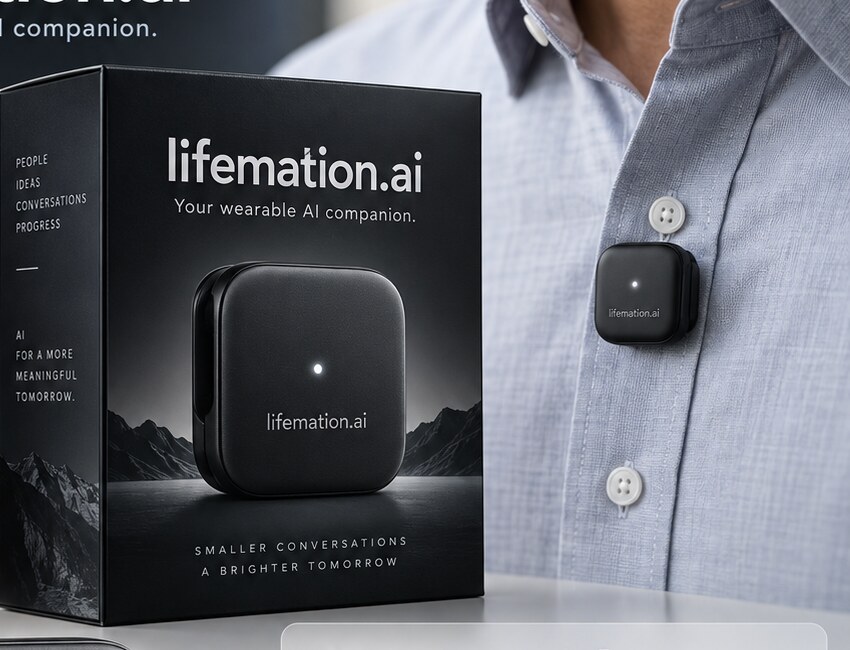 Lifemation.ai wearable AI companion, product box, and shirt-mounted device